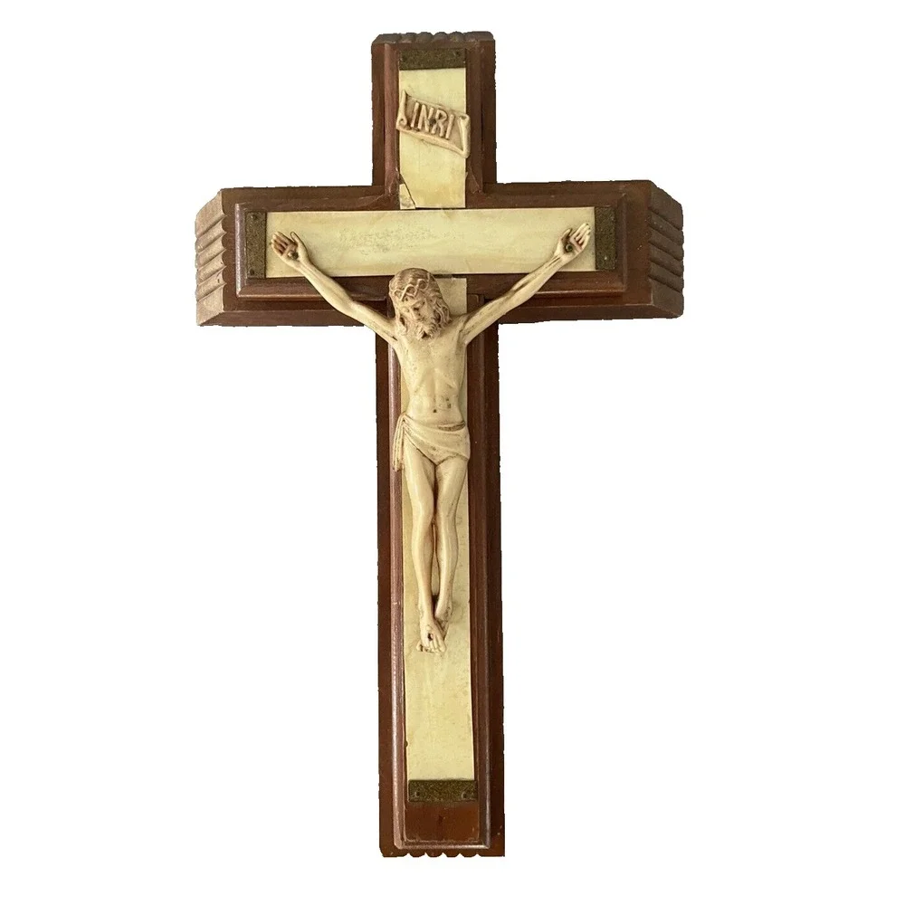 Vintage Mother of Pearl Wood Crucifix Last Rites Sick Catholic Cross